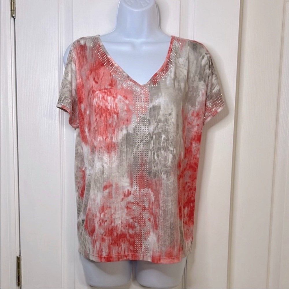 INC International Concepts Abstract V-Neck Blouse in Coral and Gray